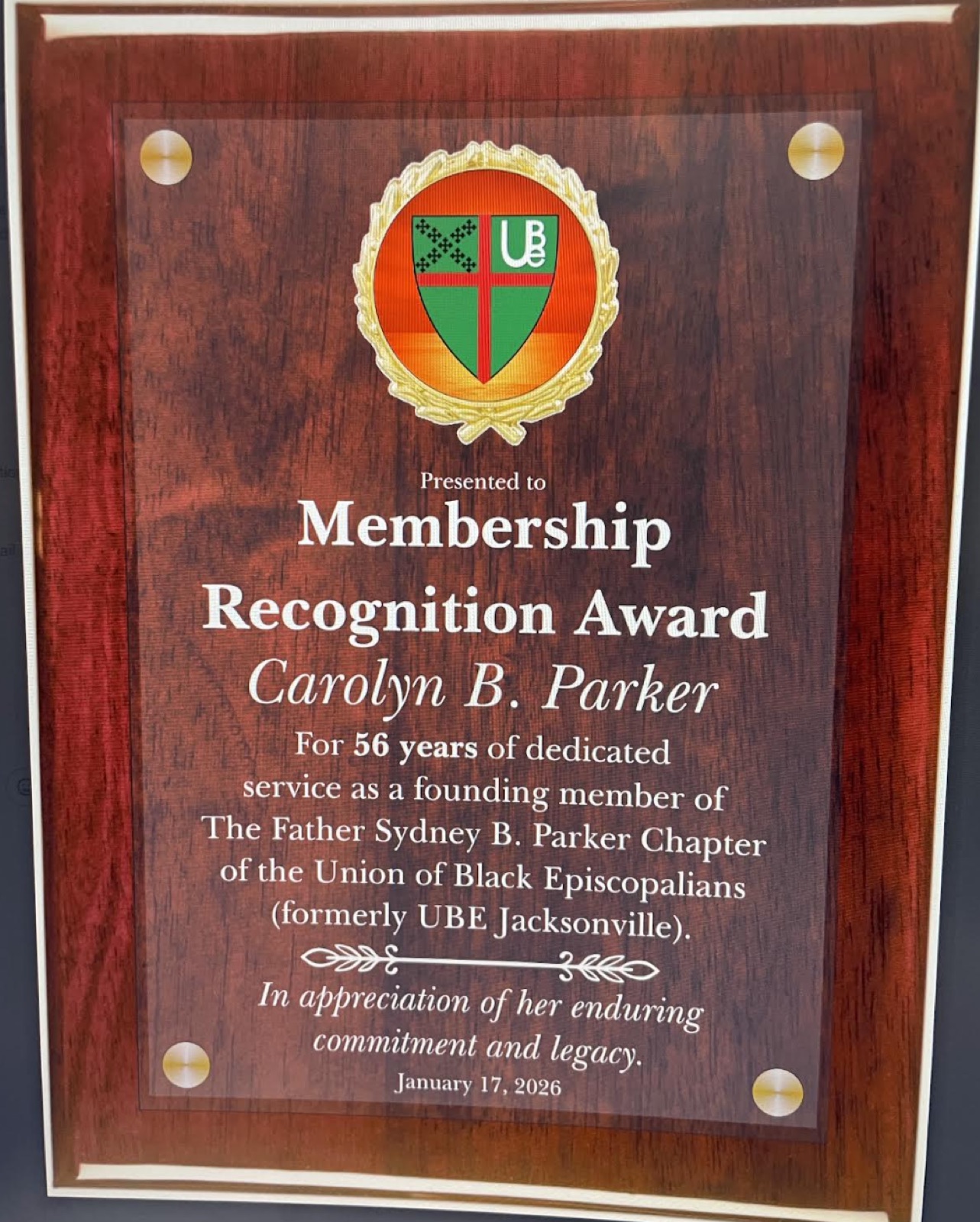 Membership Recognition Award presented to Carolyn B. Parker